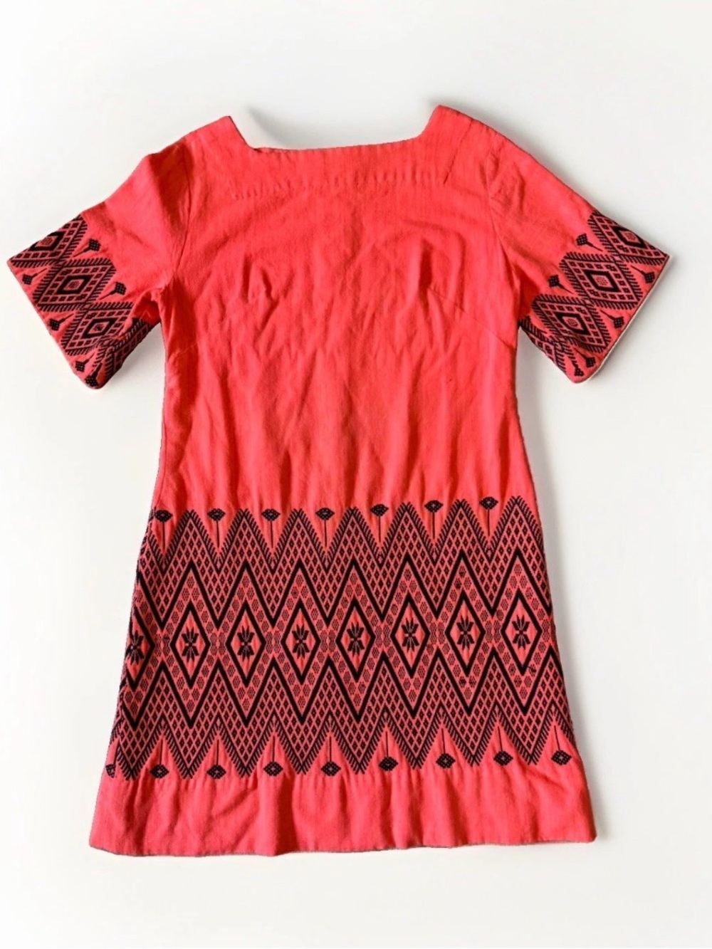 Women’s Boho Coral Orange Embroidered Shift Dress M Geometric Square Neck